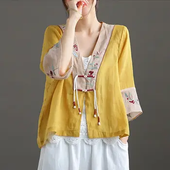 Ulusal Vintage Tang Takım Elbise Gömlek V Boyun Kadın Geleneksel Bluz Rahat Çin Tarzı Nakış Hırka Gevşek Hanfu Tops Yeni