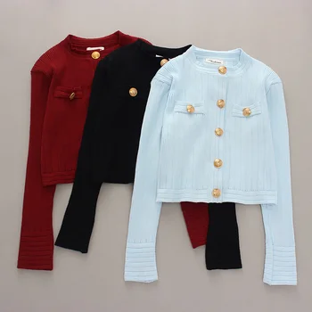 Yüksek Kalite Moda Kadınlar Sonbahar Kış Vintage Zarif Metal Bakır Düğme Uzun Kollu Örme Hırka Kazak Üst Ceket