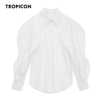 TROPICON Fener Kollu Yüksek Beyaz Yakalı Gömlek Zarif Bluz Uzun Kollu Üst Yüksek Moda Düğme Gömlek Kadın Giyim İçin