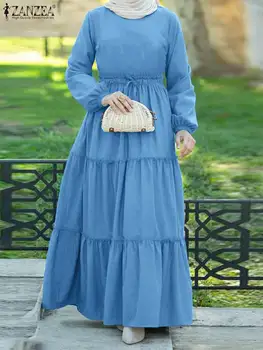 ZANZEA Kadınlar Uzun Kollu Katı Kaftan Müslüman Sundress Vintage İpli Bel Maxi uzun elbise Sonbahar Abaya Ramazan Vestidos