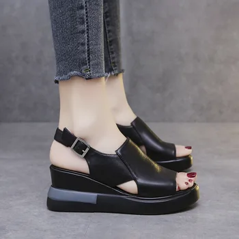 Ayakkabı Kadın Sandalet Yaz Kama Düz Renk Burnu açık Yüksek Topuklu Rahat Bayanlar Toka Kayış Moda Kadın Sandalias Mujer